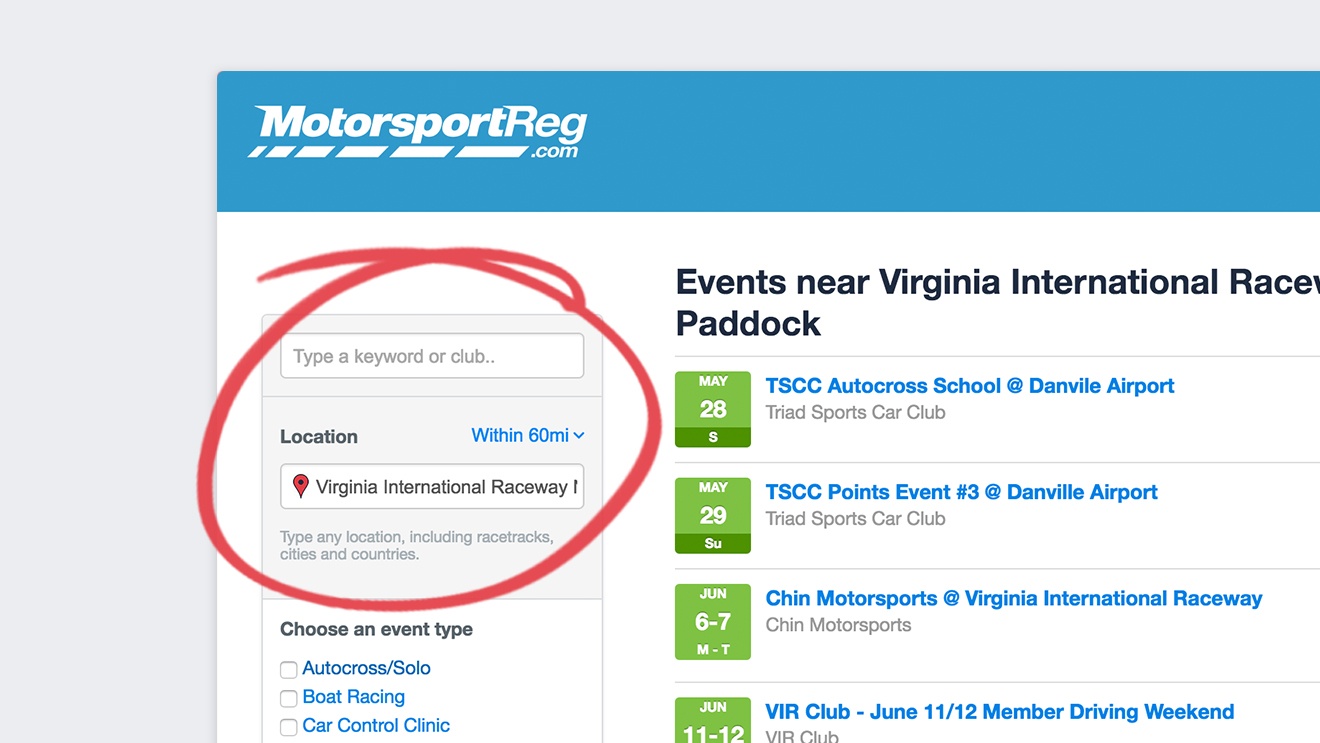 MotorsportReg calendar automatically narrows events nearby and allows location-based searching