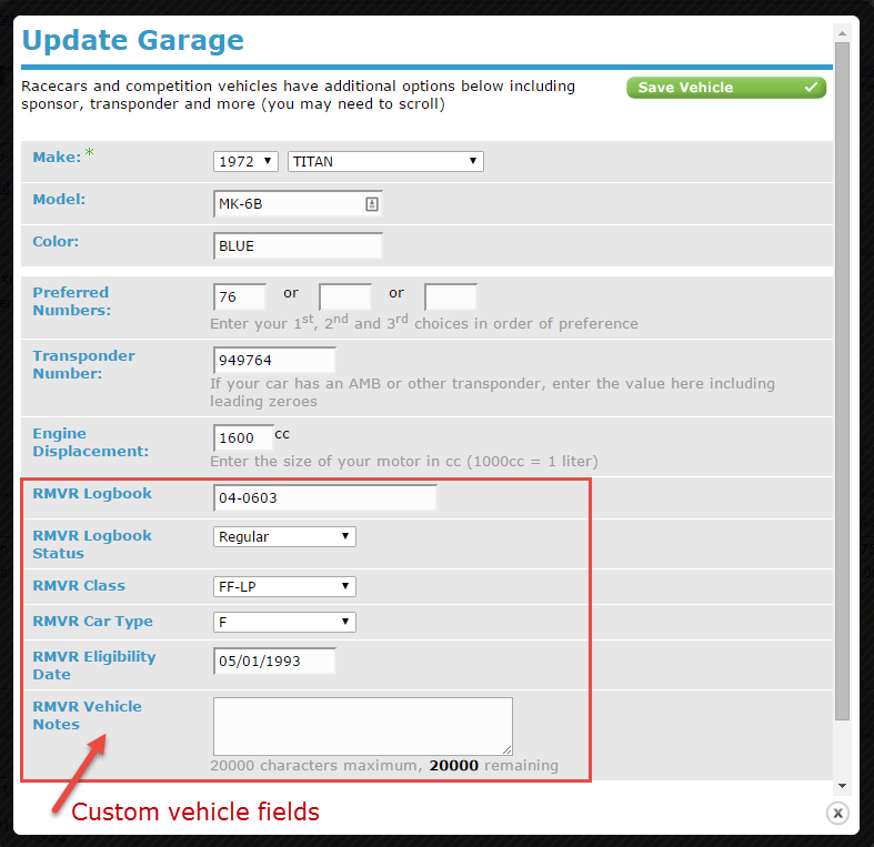 Custom Vehicle Fields screen shot