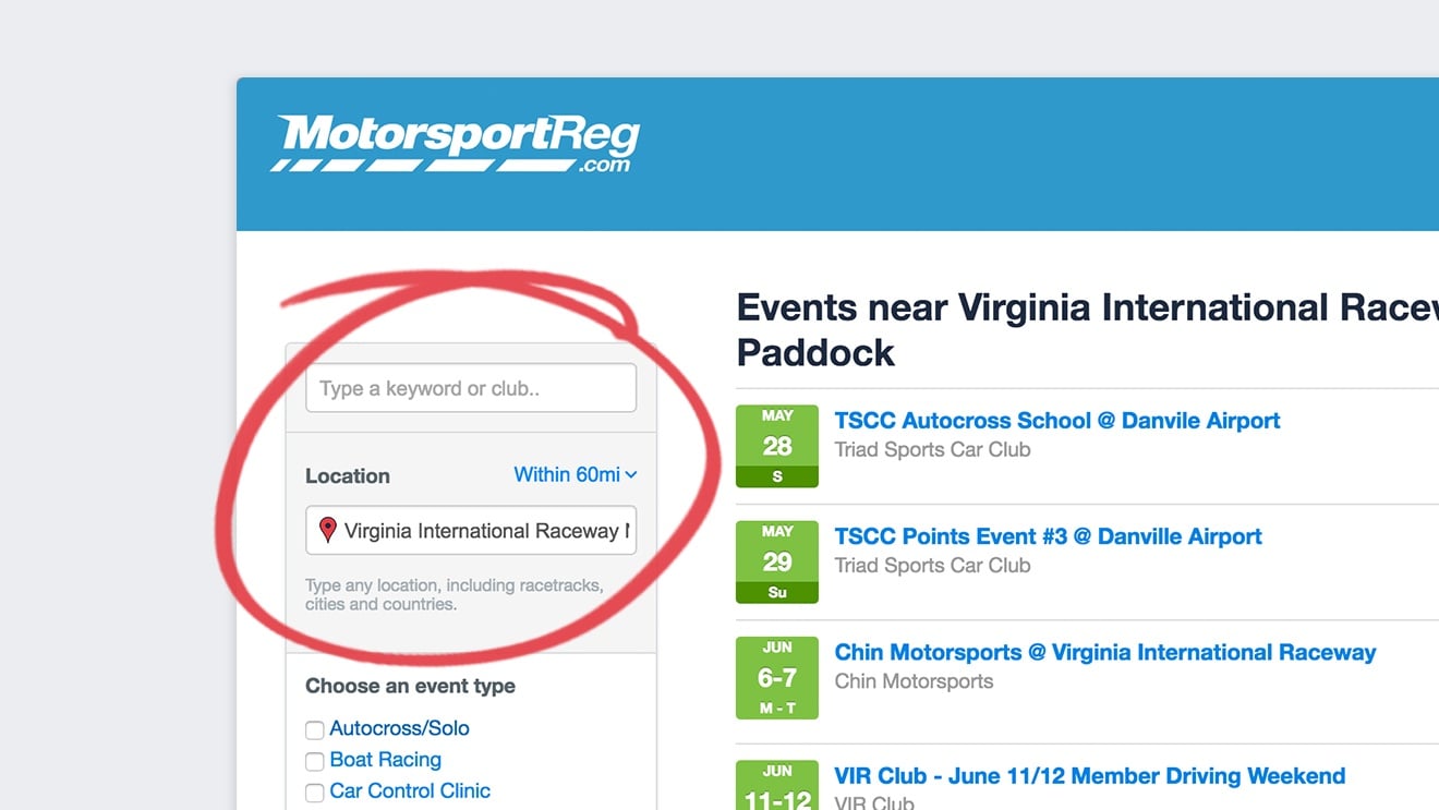 MotorsportReg calendar automatically narrows events nearby and allows location-based searching
