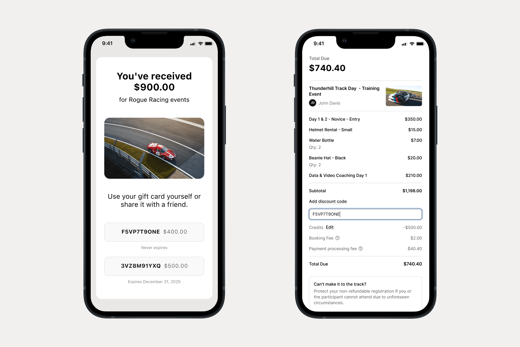 Screenshots of the Gift Card Email and Gift card input on Confirm and Pay page.